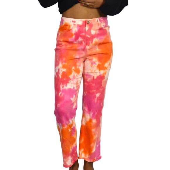 Trina Turk Tour Guide Jeans Pink Orange Tie Dye High Waist Straight Pant Size 2 - Picture 1 of 16